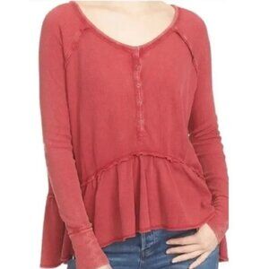 Free People Red Long Sleeve Henley Peplum Top